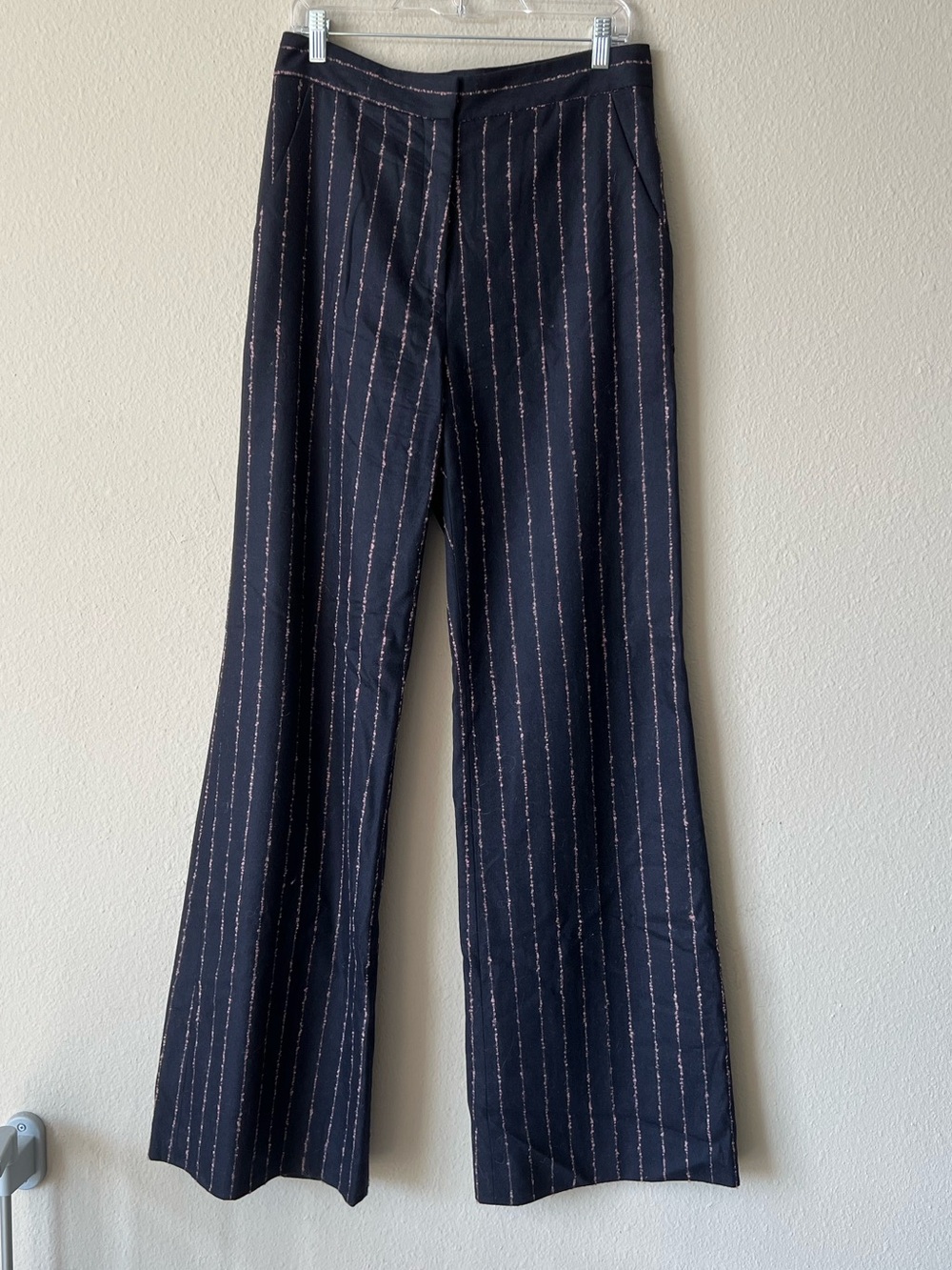 Lela Rose Navy Pink Tweed Pinstripe Wide Leg Trousers Size 10